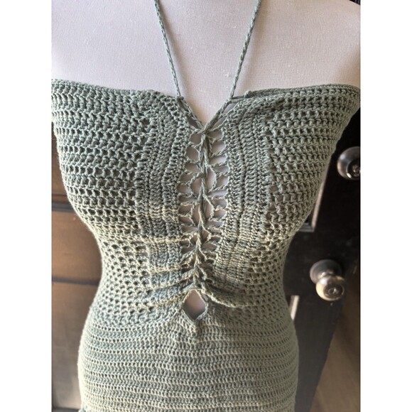 Sexy Open Knit Crochet Festival Boho Swim mini Halter Dress Coverup Teal Green - Picture 2 of 11